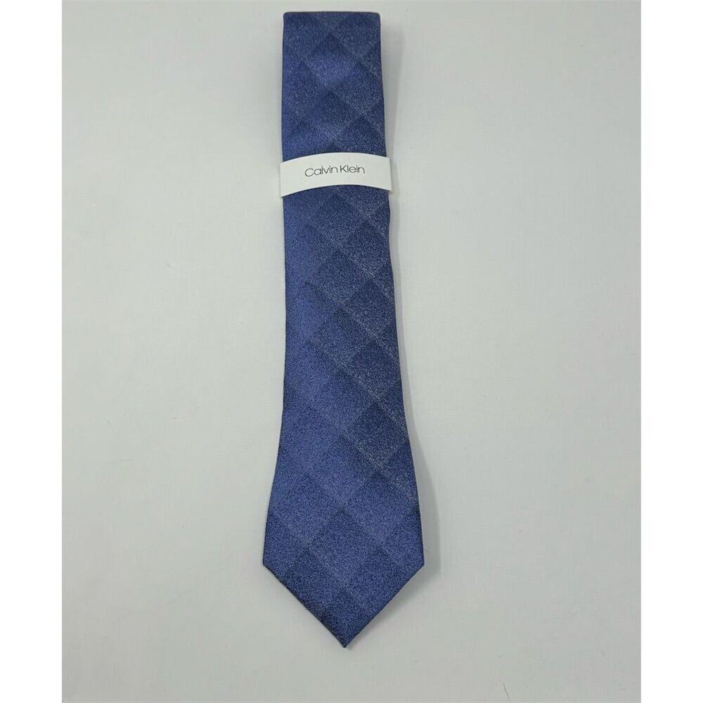 Calvin Klein Men's Slim Silk Tie Navy Blue Plaid Skinny Necktie